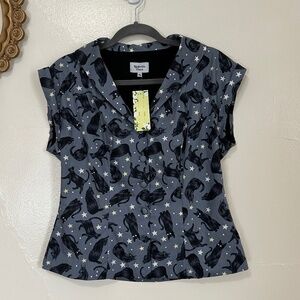 Unique Vintage Magnolia Place Black Cat Print Cap Sleeve Blouse, Fits Like SM